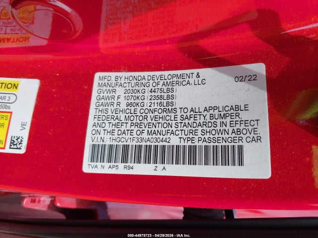 1HGCV1F33NA030442 Honda Accord Sport