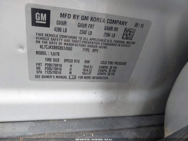 44975725 :رقم المزاد ، KL7CJKSB9GB514560 vin ، 2016 Chevrolet Trax 1ls مزاد بيع