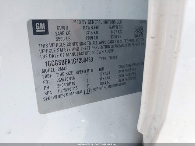 1GCGSBEA1G1280439 Chevrolet Colorado Wt