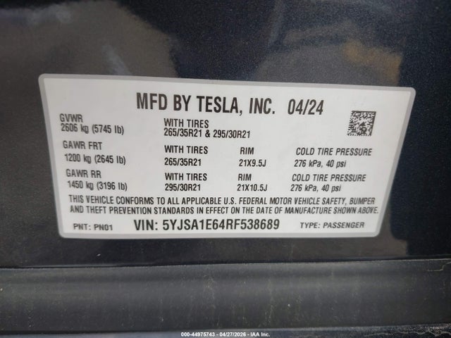 Продажа на аукционе авто 2024 Tesla Model S Plaid Tri Motor All-wheel Drive, vin: 5YJSA1E64RF538689, номер лота: 44975743