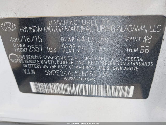 2015 Hyundai Sonata Se მანქანა იყიდება აუქციონზე, vin: 5NPE24AF5FH169338, აუქციონის ნომერი: 44975745