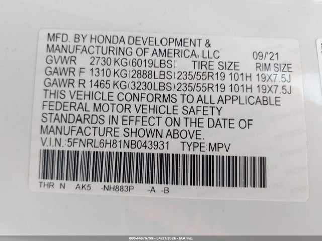2022 Honda Odyssey Touring მანქანა იყიდება აუქციონზე, vin: 5FNRL6H81NB043931, აუქციონის ნომერი: 44975759