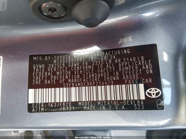 Aukcja sprzedaży 2024 Toyota Corolla Le, vin: 5YFB4MDE9RP214479, numer aukcji: 44975761