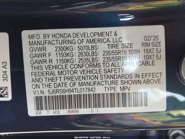 Aukcja sprzedaży 2026 Honda Cr-v Hybrid Awd Sport Touring, vin: 5J6RS6H94TL017842, numer aukcji: 44975765