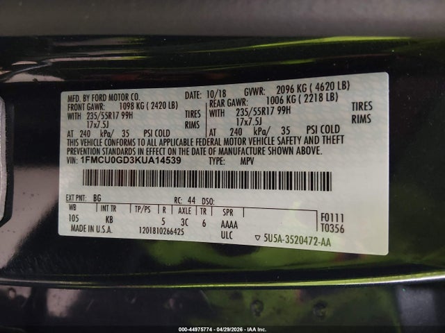 2019 Ford Escape Se მანქანა იყიდება აუქციონზე, vin: 1FMCU0GD3KUA14539, აუქციონის ნომერი: 44975774