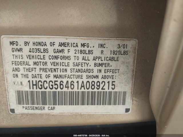 Продаж на аукціоні авто 2001 Honda Accord 2.3 Lx, vin: 1HGCG56461A089215, номер лоту: 44975786