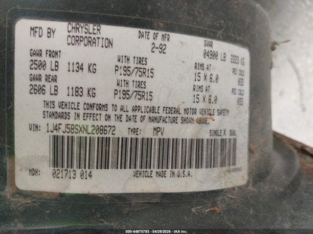 1992 Jeep Cherokee Laredo მანქანა იყიდება აუქციონზე, vin: 1J4FJ58SXNL208672, აუქციონის ნომერი: 44975793