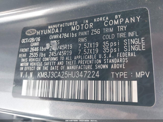 Aukcja sprzedaży 2017 Hyundai Tucson Limited, vin: KM8J3CA25HU347224, numer aukcji: 44975806