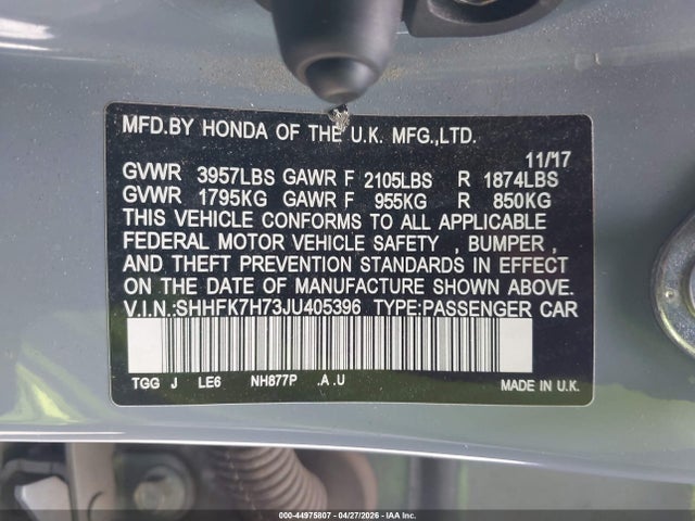 SHHFK7H73JU405396 Honda Civic Ex-l