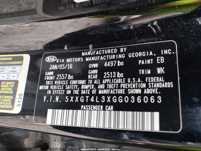 Aukcja sprzedaży 2016 Kia Optima Lx, vin: 5XXGT4L3XGG036063, numer aukcji: 44975810