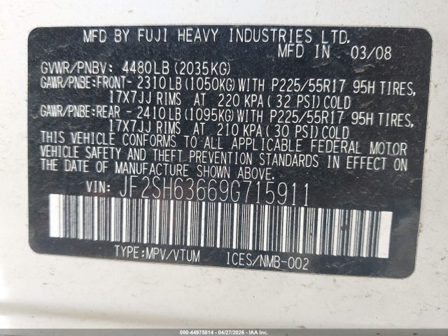 Aukcja sprzedaży 2009 Subaru Forester 2.5x, vin: JF2SH63669G715911, numer aukcji: 44975814