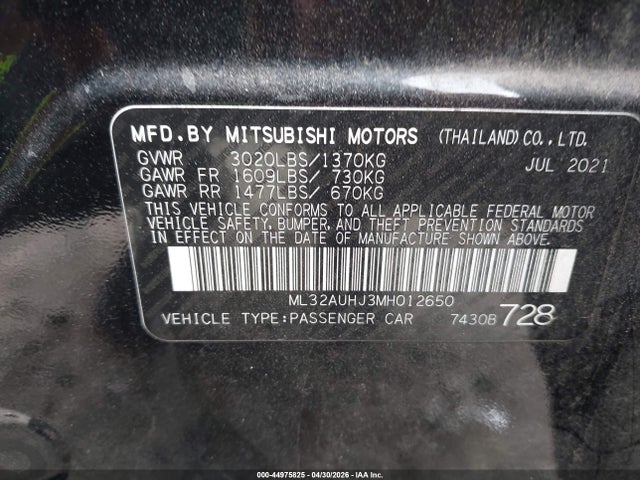 Aukcja sprzedaży 2021 Mitsubishi Mirage Carbonite Edition/es/le, vin: ML32AUHJ3MH012650, numer aukcji: 44975825