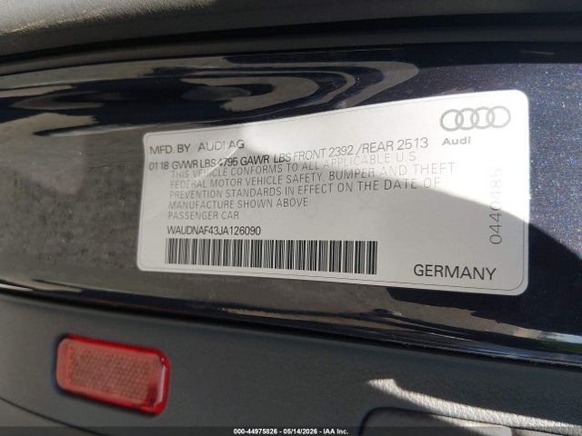 Aukcja sprzedaży 2018 Audi A4 2.0t Premium/2.0t Tech Premium, vin: WAUDNAF43JA126090, numer aukcji: 44975826