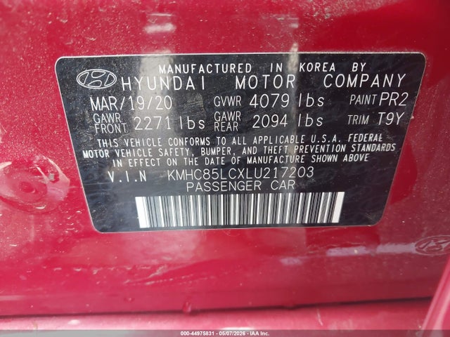 44975831 :رقم المزاد ، KMHC85LCXLU217203 vin ، 2020 Hyundai Ioniq Hybrid Sel مزاد بيع