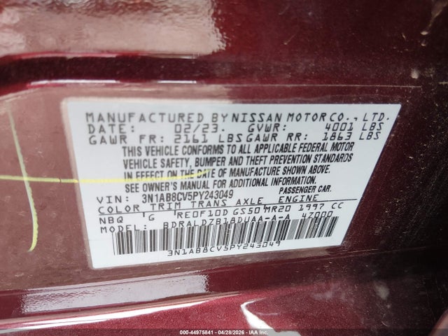 Aukcja sprzedaży 2023 Nissan Sentra Sv Xtronic Cvt, vin: 3N1AB8CV5PY243049, numer aukcji: 44975841