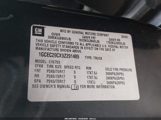 2009 Chevrolet Silverado 1500 Lt მანქანა იყიდება აუქციონზე, vin: 1GCEC29CX9Z291489, აუქციონის ნომერი: 44975852