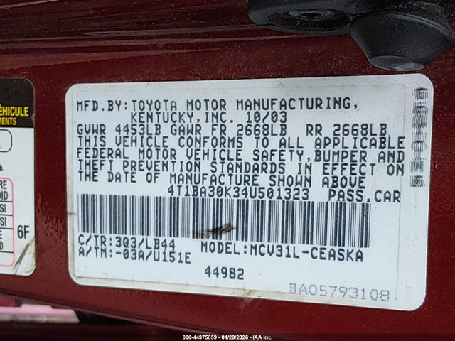 2004 Toyota Camry Se V6 მანქანა იყიდება აუქციონზე, vin: 4T1BA30K34U501323, აუქციონის ნომერი: 44975859