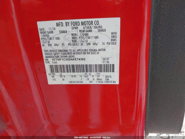 2010 Ford F-150 Stx/xl/xlt მანქანა იყიდება აუქციონზე, vin: 1FTMF1CW5AKE74392, აუქციონის ნომერი: 44975860
