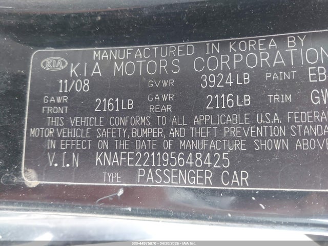 Продаж на аукціоні авто 2009 Kia Spectra Ex, vin: KNAFE221195648425, номер лоту: 44975870