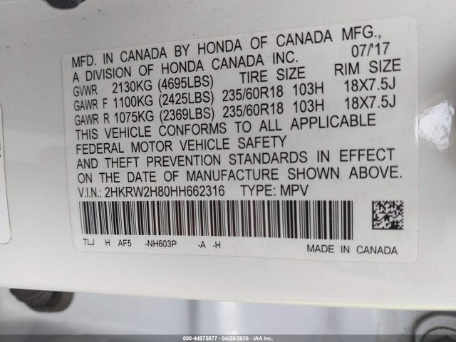 44975877 :رقم المزاد ، 2HKRW2H80HH662316 vin ، 2017 Honda Cr-v Ex-l/ex-l Navi مزاد بيع