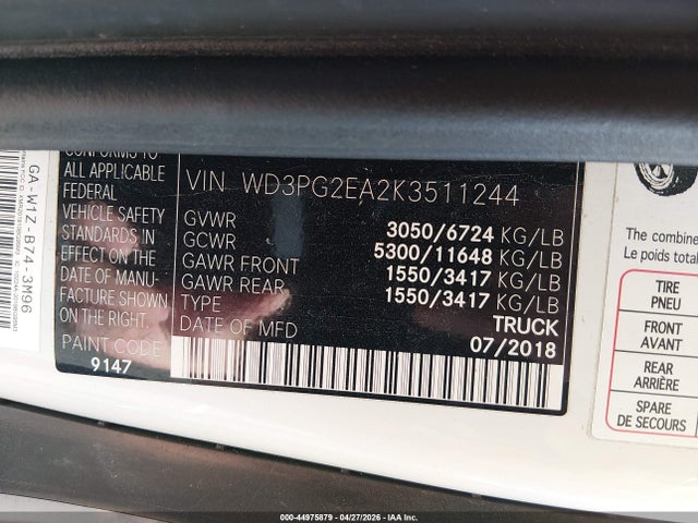 Продаж на аукціоні авто 2019 Mercedes-benz Metris, vin: WD3PG2EA2K3511244, номер лоту: 44975879