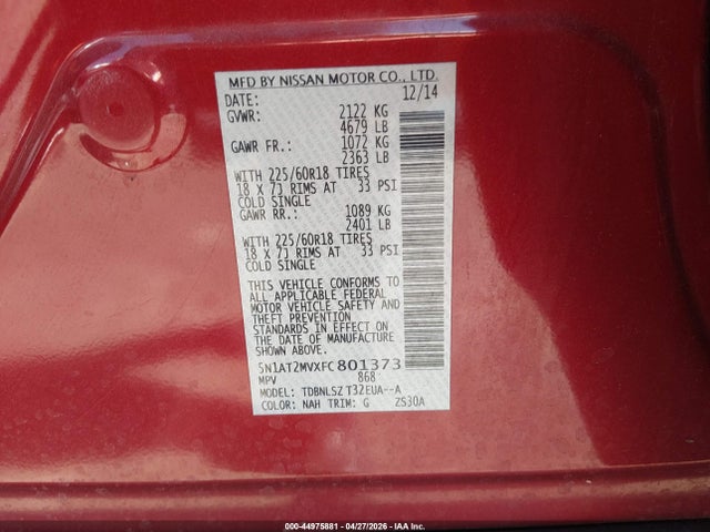 Продажа на аукционе авто 2015 Nissan Rogue Sl, vin: 5N1AT2MVXFC801373, номер лота: 44975881