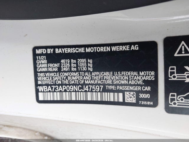 44975889 :رقم المزاد ، WBA73AP09NCJ47597 vin ، 2022 Bmw 430i Xdrive مزاد بيع