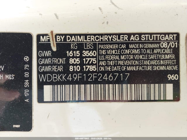 Продаж на аукціоні авто 2002 Mercedes-benz Slk 230 Kompressor, vin: WDBKK49F12F246717, номер лоту: 44975903