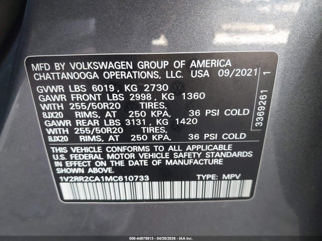 Aukcja sprzedaży 2021 Volkswagen Atlas 3.6l V6 Se W/technology R-line, vin: 1V2RR2CA1MC610733, numer aukcji: 44975913
