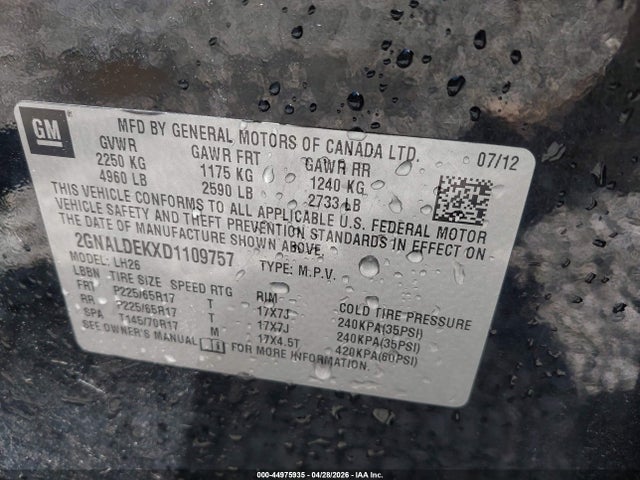 Продаж на аукціоні авто 2013 Chevrolet Equinox 1lt, vin: 2GNALDEKXD1109757, номер лоту: 44975935