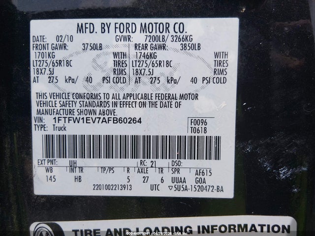 44975941 :رقم المزاد ، 1FTFW1EV7AFB60264 vin ، 2010 Ford F-150 Fx4/harley-davidson/king Ranch/lariat/platinum/xl/xlt مزاد بيع