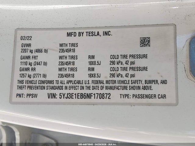 Aukcja sprzedaży 2022 Tesla Model 3 Long Range Dual Motor All-wheel Drive, vin: 5YJ3E1EB6NF170872, numer aukcji: 44975945