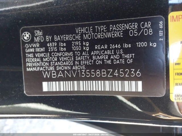 Продажа на аукционе авто 2008 Bmw 528xi, vin: WBANV13558BZ45236, номер лота: 44975947