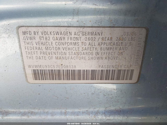 2007 Volkswagen Passat 3.6 მანქანა იყიდება აუქციონზე, vin: WVWMU93C57E008138, აუქციონის ნომერი: 44975949