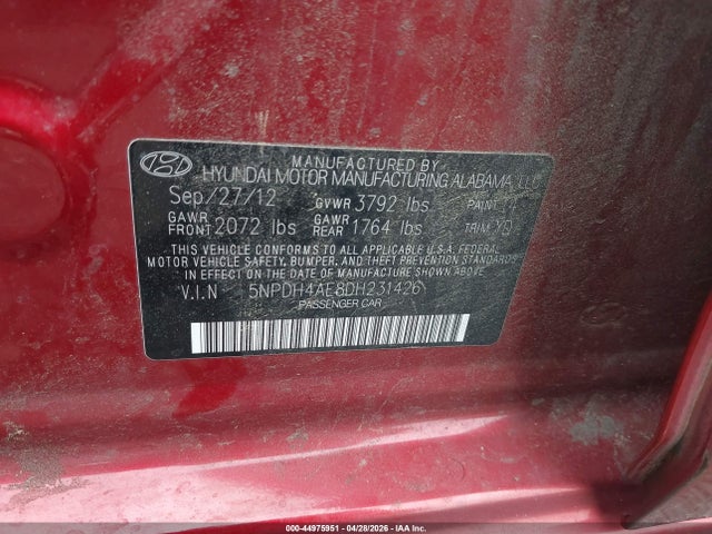 Продажа на аукционе авто 2013 Hyundai Elantra Limited, vin: 5NPDH4AE8DH231426, номер лота: 44975951