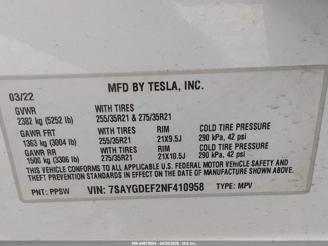 Продаж на аукціоні авто 2022 Tesla Model Y Performance Dual Motor All-wheel Drive, vin: 7SAYGDEF2NF410958, номер лоту: 44975954