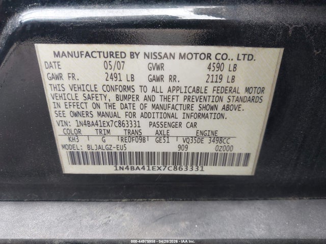Продажа на аукционе авто 2007 Nissan Maxima 3.5 Sl, vin: 1N4BA41EX7C863331, номер лота: 44975958