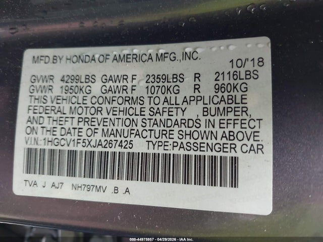 Продаж на аукціоні авто 2018 Honda Accord Ex-l, vin: 1HGCV1F5XJA267425, номер лоту: 44975957
