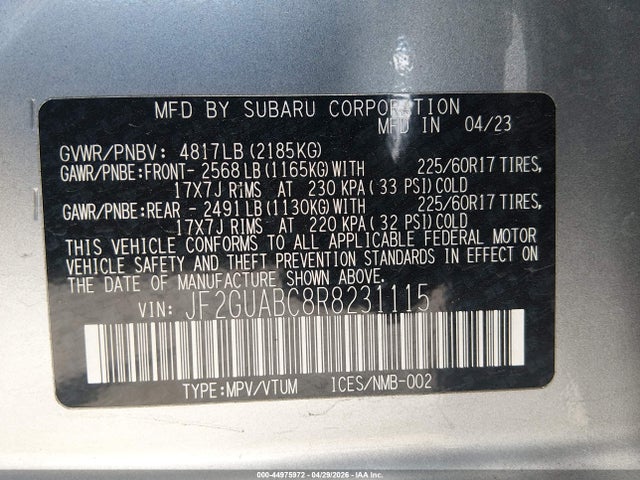 Aukcja sprzedaży 2024 Subaru Crosstrek, vin: JF2GUABC8R8231115, numer aukcji: 44975972
