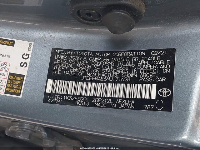 Продаж на аукціоні авто 2021 Toyota Corolla Le, vin: JTDEPMAE6MJ171628, номер лоту: 44975979