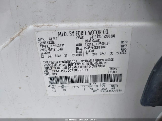 Aukcja sprzedaży 2015 Ford Edge Sel, vin: 2FMTK3J90FBB80931, numer aukcji: 44975983