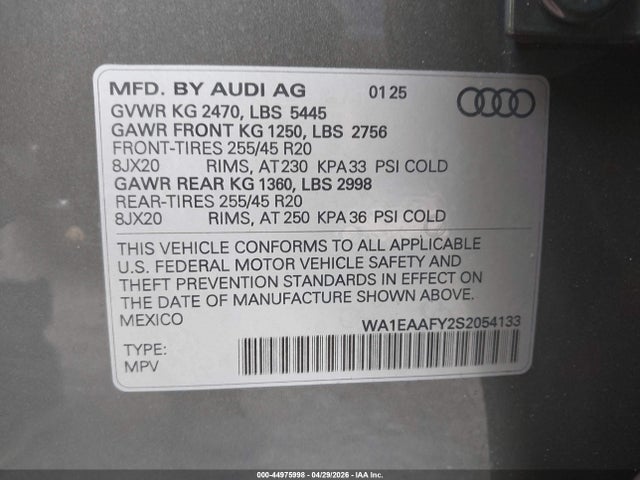 WA1EAAFY2S2054133 Audi Q5 Premium Plus 45 Tfsi S Line Quattro S Tronic