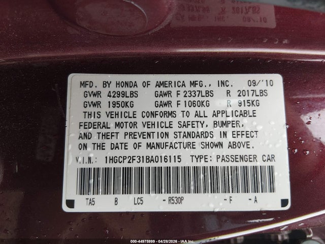 Aukcja sprzedaży 2011 Honda Accord 2.4 Lx, vin: 1HGCP2F31BA016115, numer aukcji: 44975999