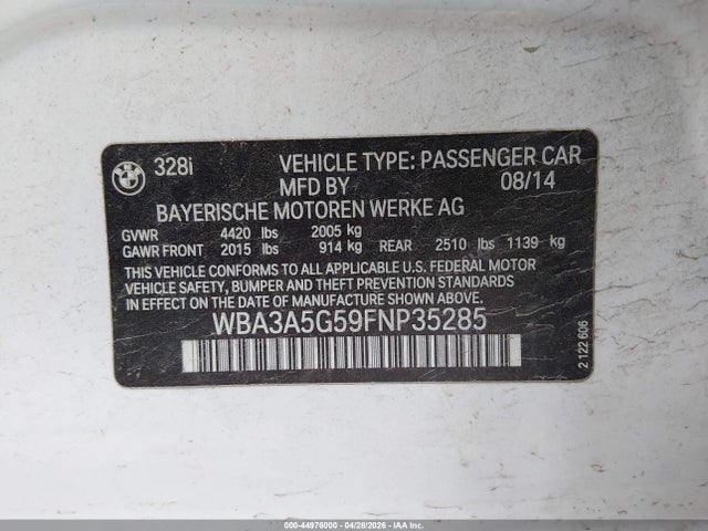 2015 Bmw 328i მანქანა იყიდება აუქციონზე, vin: WBA3A5G59FNP35285, აუქციონის ნომერი: 44976000