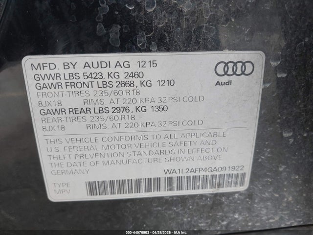 44976003 :رقم المزاد ، WA1L2AFP4GA091922 vin ، 2016 Audi Q5 2.0t Premium مزاد بيع