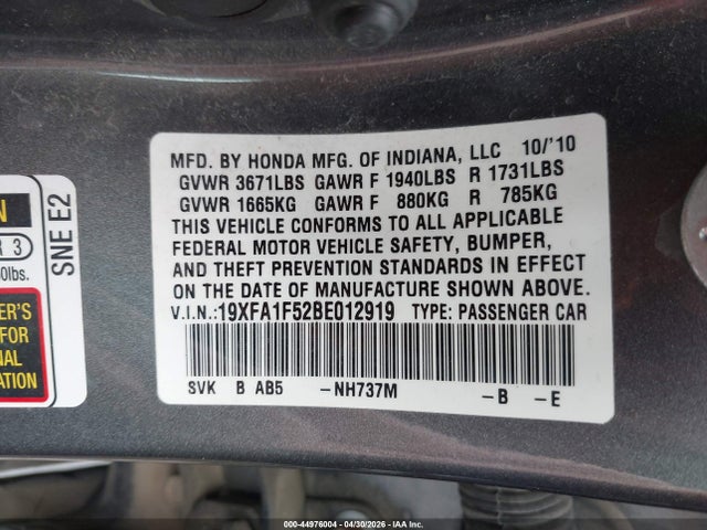 44976004 :رقم المزاد ، 19XFA1F52BE012919 vin ، 2011 Honda Civic Lx مزاد بيع