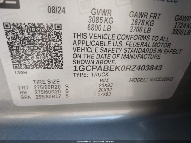 Продаж на аукціоні авто 2024 Chevrolet Silverado 1500 2wd  Short Bed Custom, vin: 1GCPABEK0RZ403843, номер лоту: 44976010