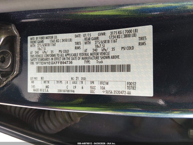 44976012 :رقم المزاد ، 1FTEW1EGXFFB94736 vin ، 2015 Ford F-150 Xlt مزاد بيع