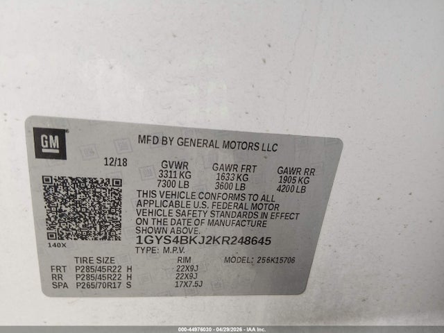 2019 Cadillac Escalade Luxury მანქანა იყიდება აუქციონზე, vin: 1GYS4BKJ2KR248645, აუქციონის ნომერი: 44976030