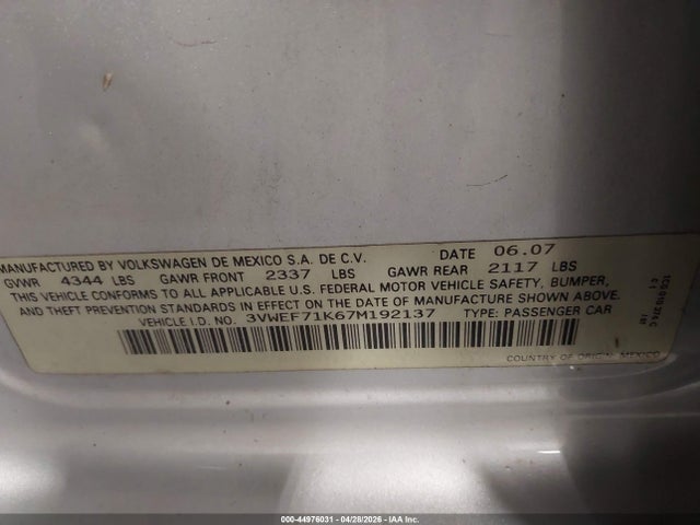 44976031 :رقم المزاد ، 3VWEF71K67M192137 vin ، 2007 Volkswagen Jetta Wolfsburg Edition مزاد بيع
